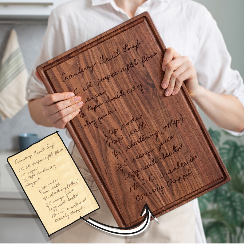wooden cutting board with recipe engraved on it