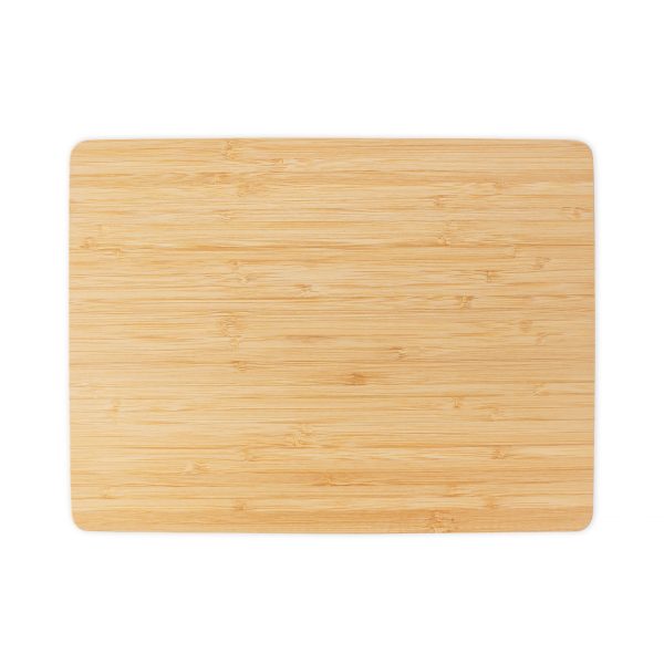 Rectangular bamboo cutting board isolated on a white background.
