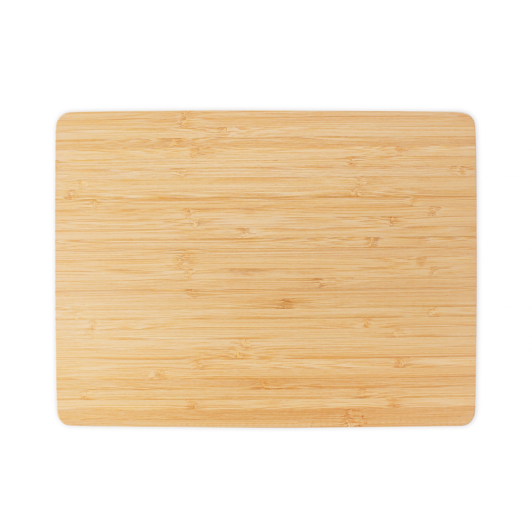 Rectangular bamboo cutting board isolated on a white background.