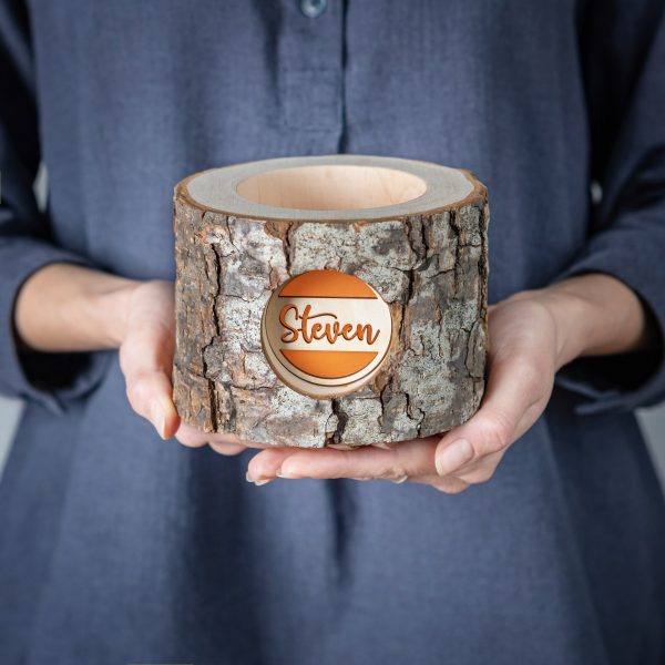 Personalized Rustic Memorial Candle Holder with Bark