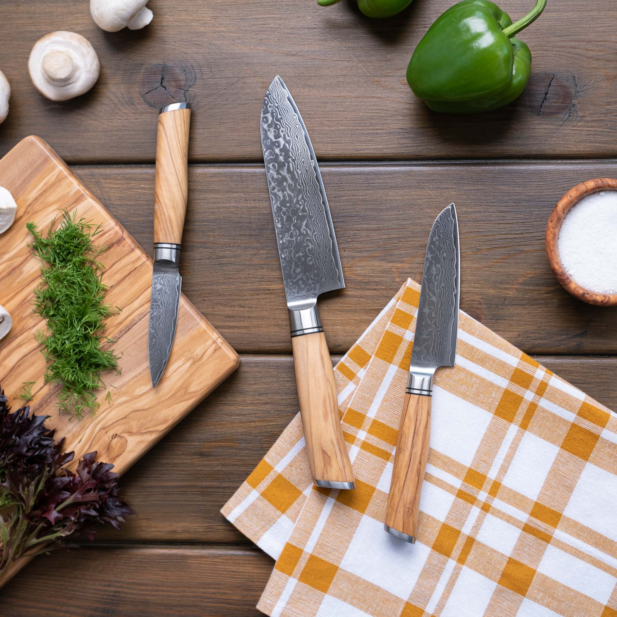 Damascus Steel Knife Set with Olive Wood Handles