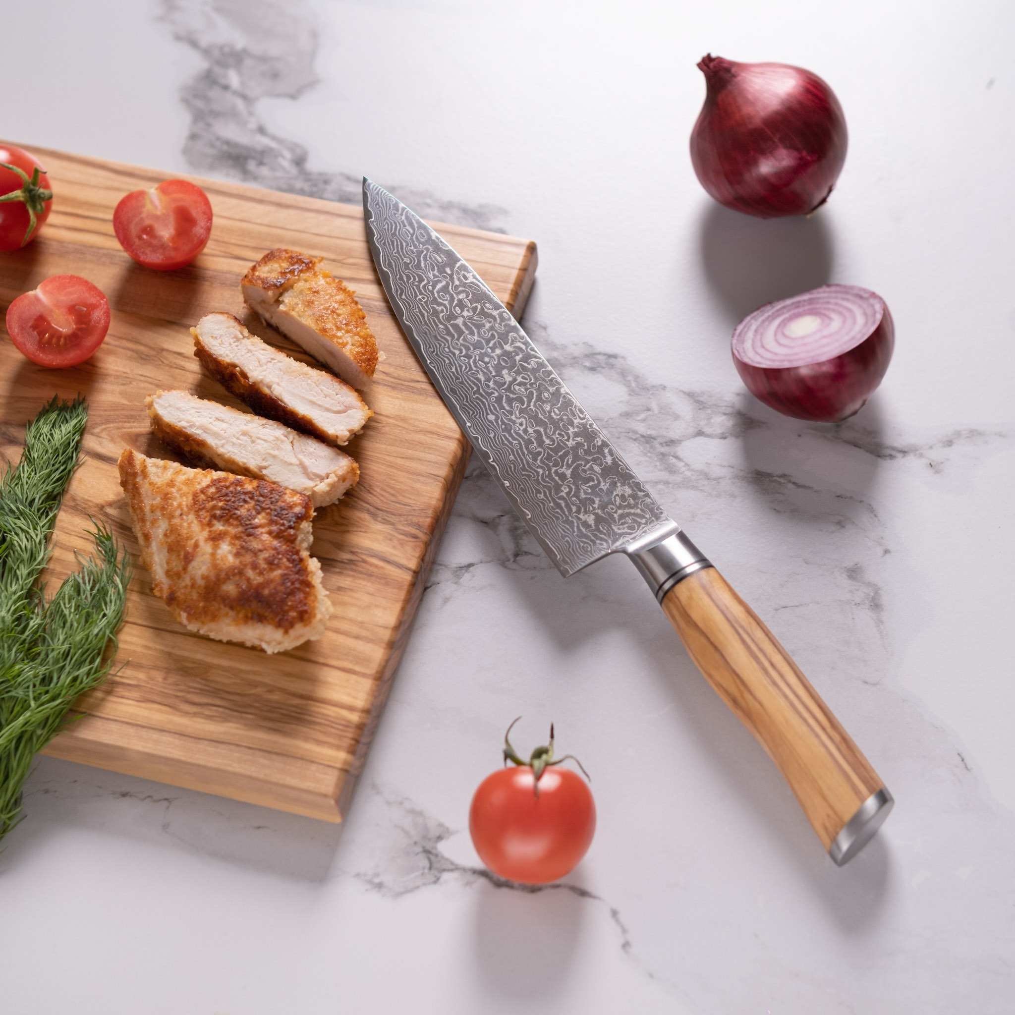 Damascus Steel Knife Set with Olive Wood Handles