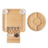 Bamboo cheese board set with slide-out drawer containing utensils, accompanied by a round cheese platter with sections.