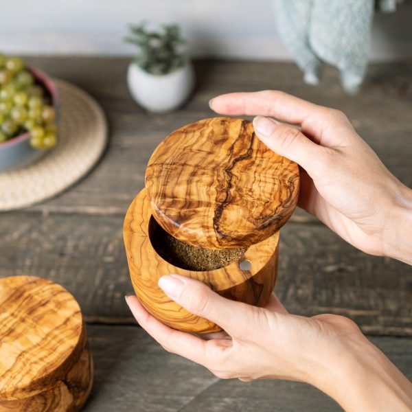 Olive Wood Salt Keeper with Magnetic Lid