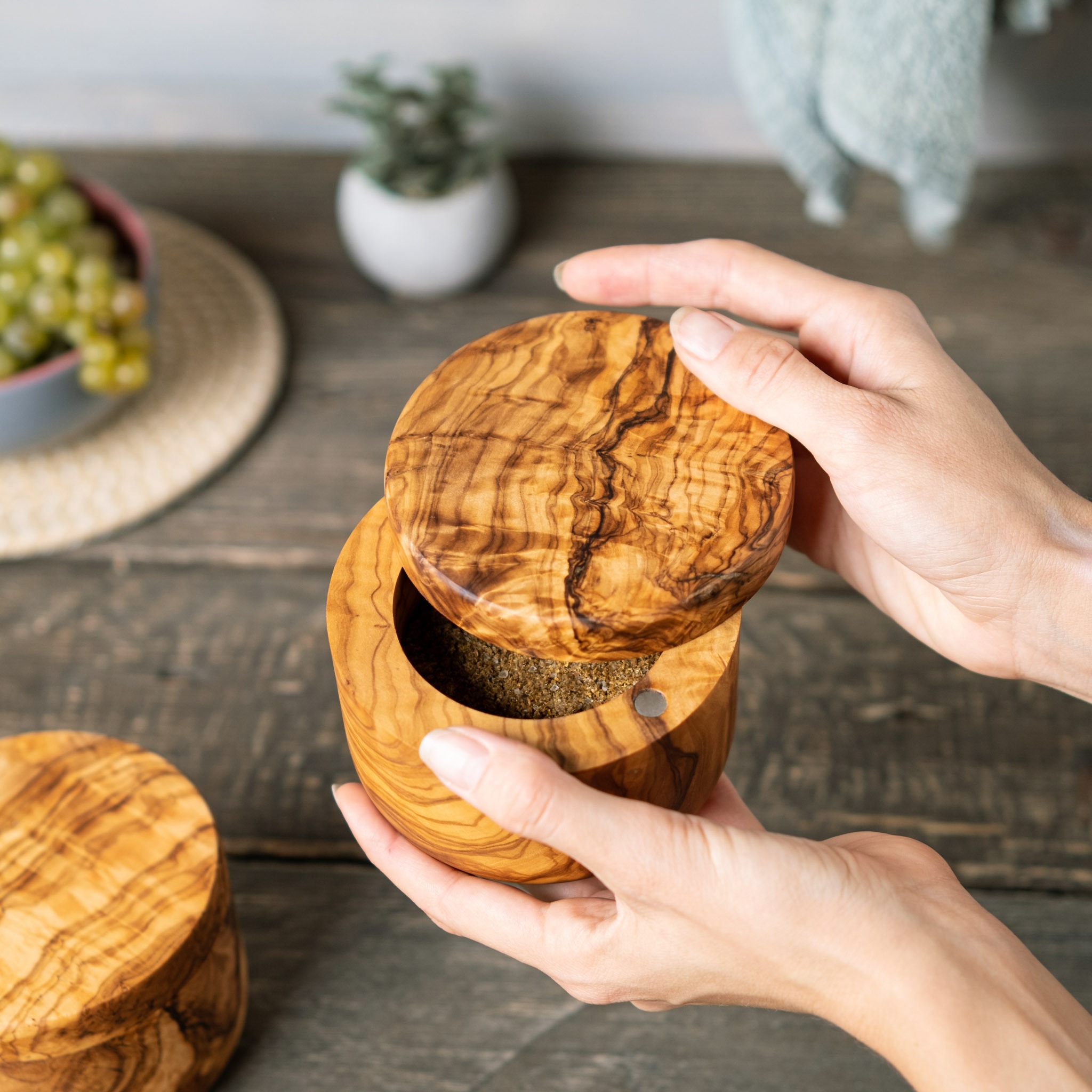 Olive Wood Salt Keeper with Magnetic Lid