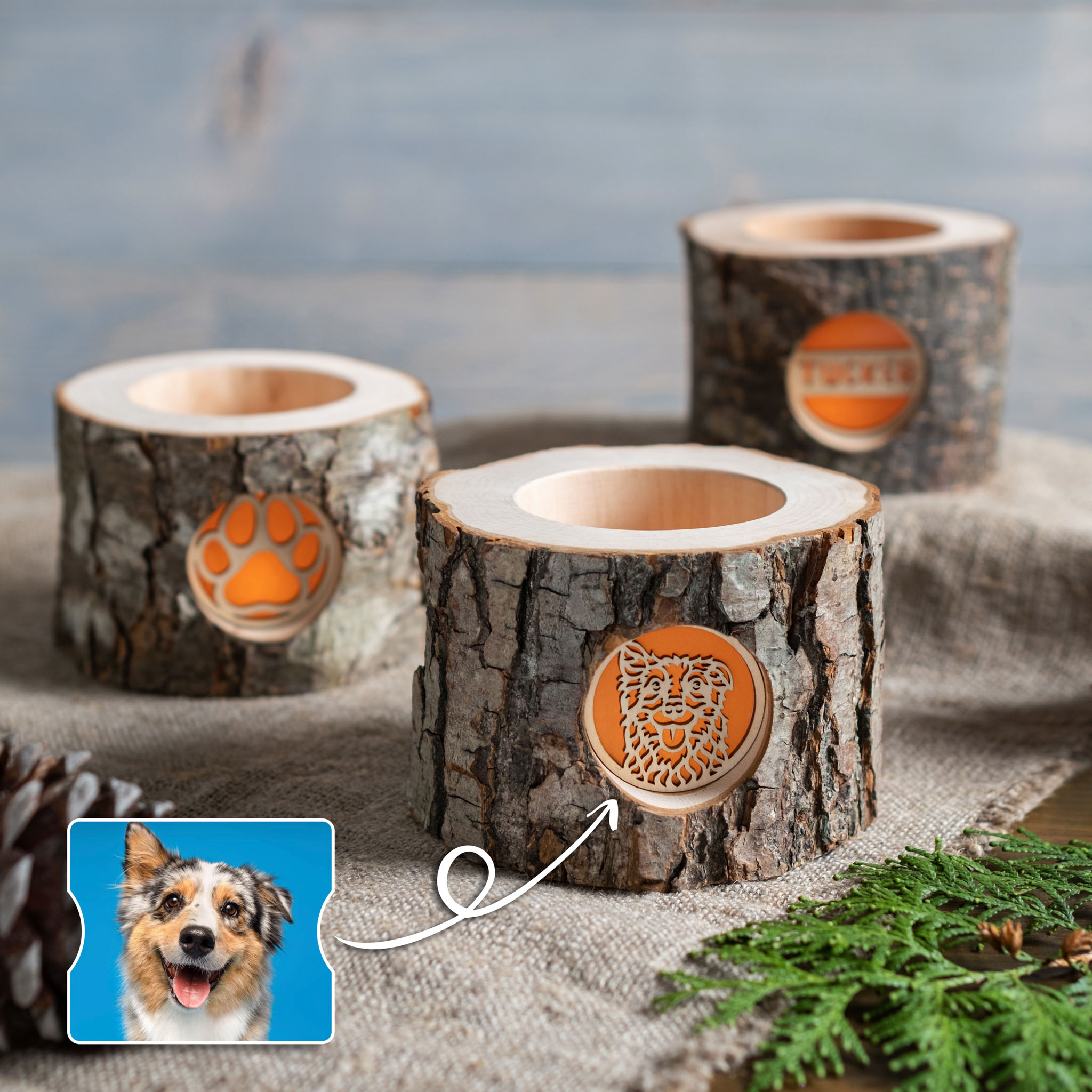 Personalized Rustic Memorial Candle Holder with Bark