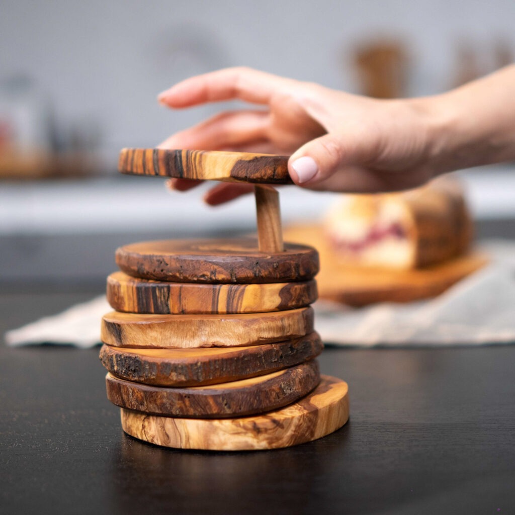 Olive Wood Coaster Set with Pin Holder