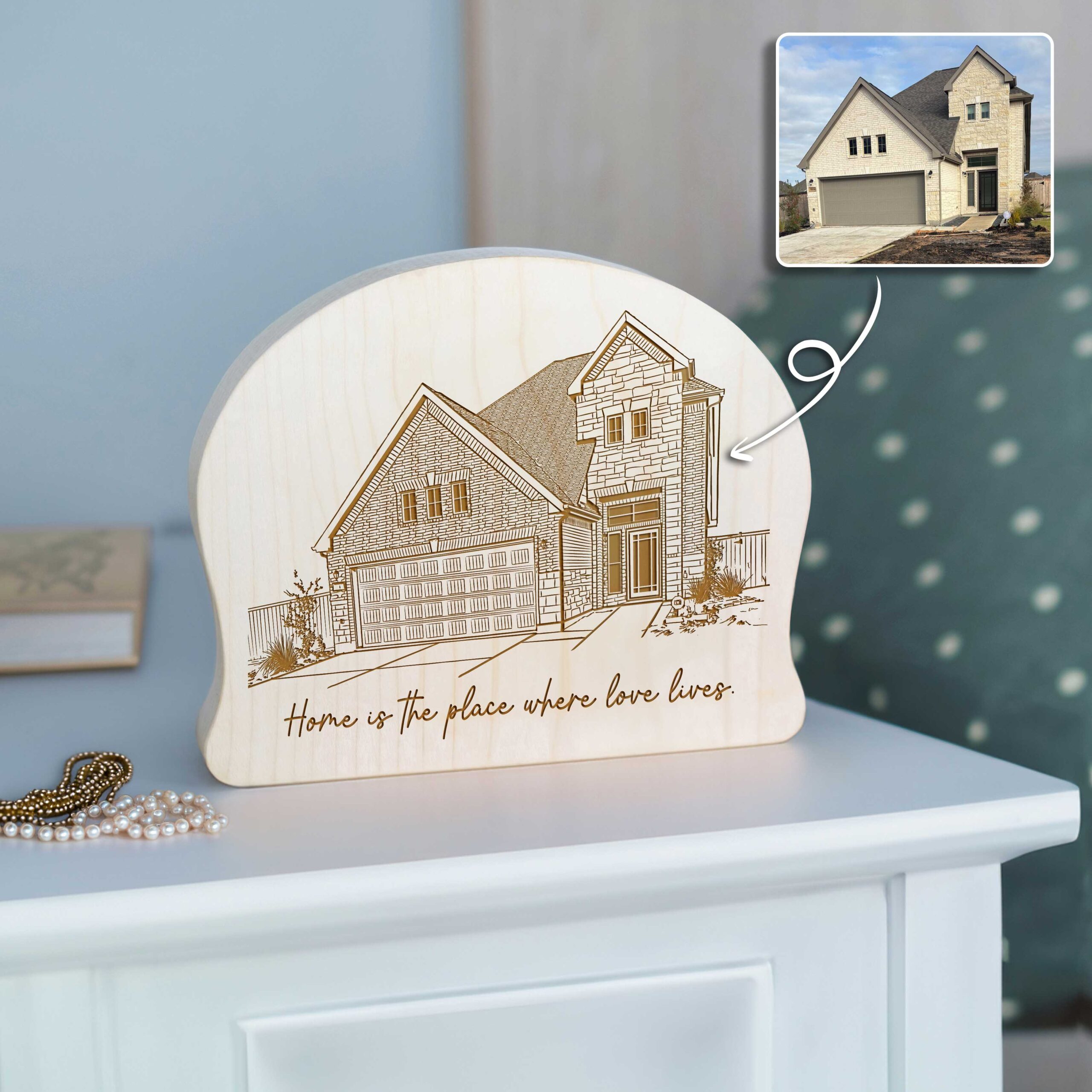 Custom House Portrait Engraving on Maple Wood Plaque