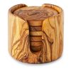 A set of wooden coasters in a wooden holder.