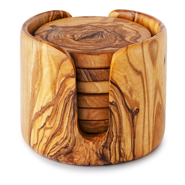 A set of wooden coasters in a wooden holder.