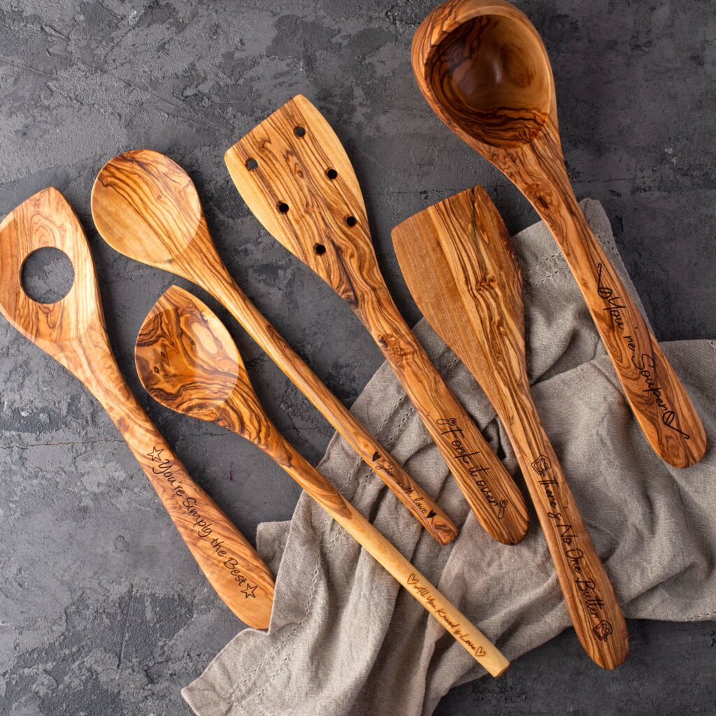 Personalized Olive Wood Utensils – Set of 6