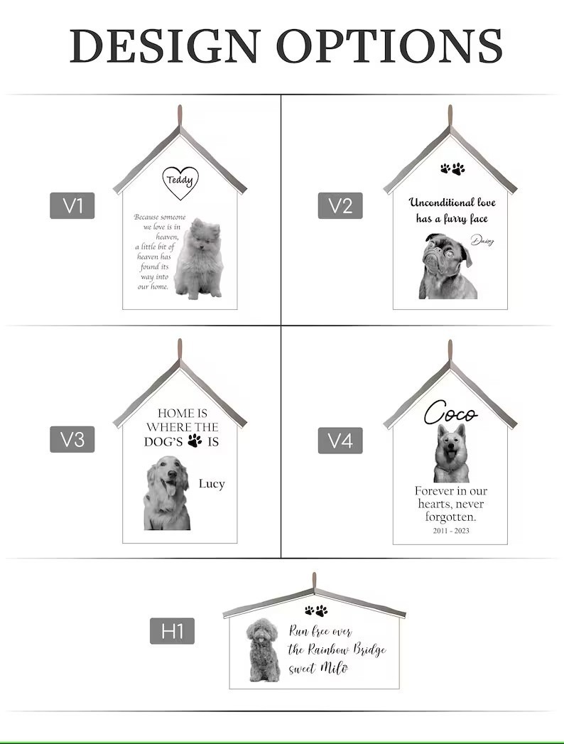 A black and white photo of a dog house with different design options.