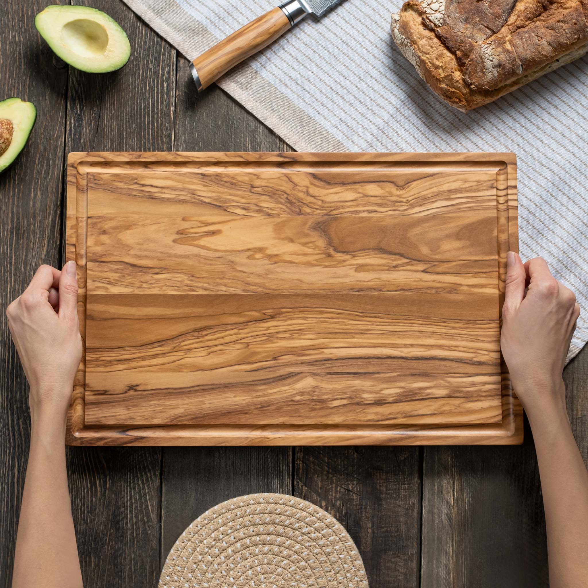 Olive Wood Cutting Board with Juice Grooves and Handles (17x11)