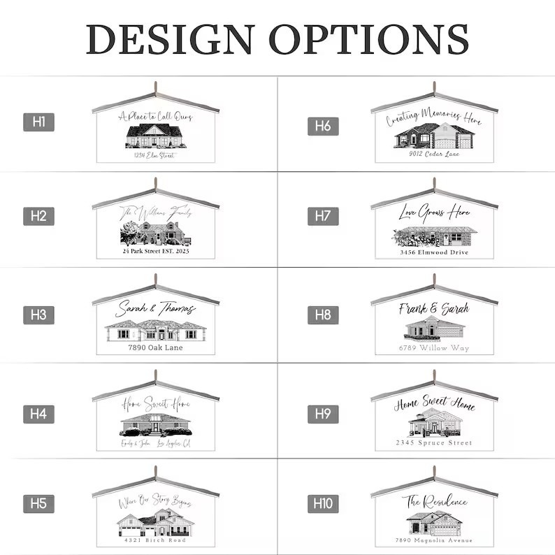 A list of design options for a house.