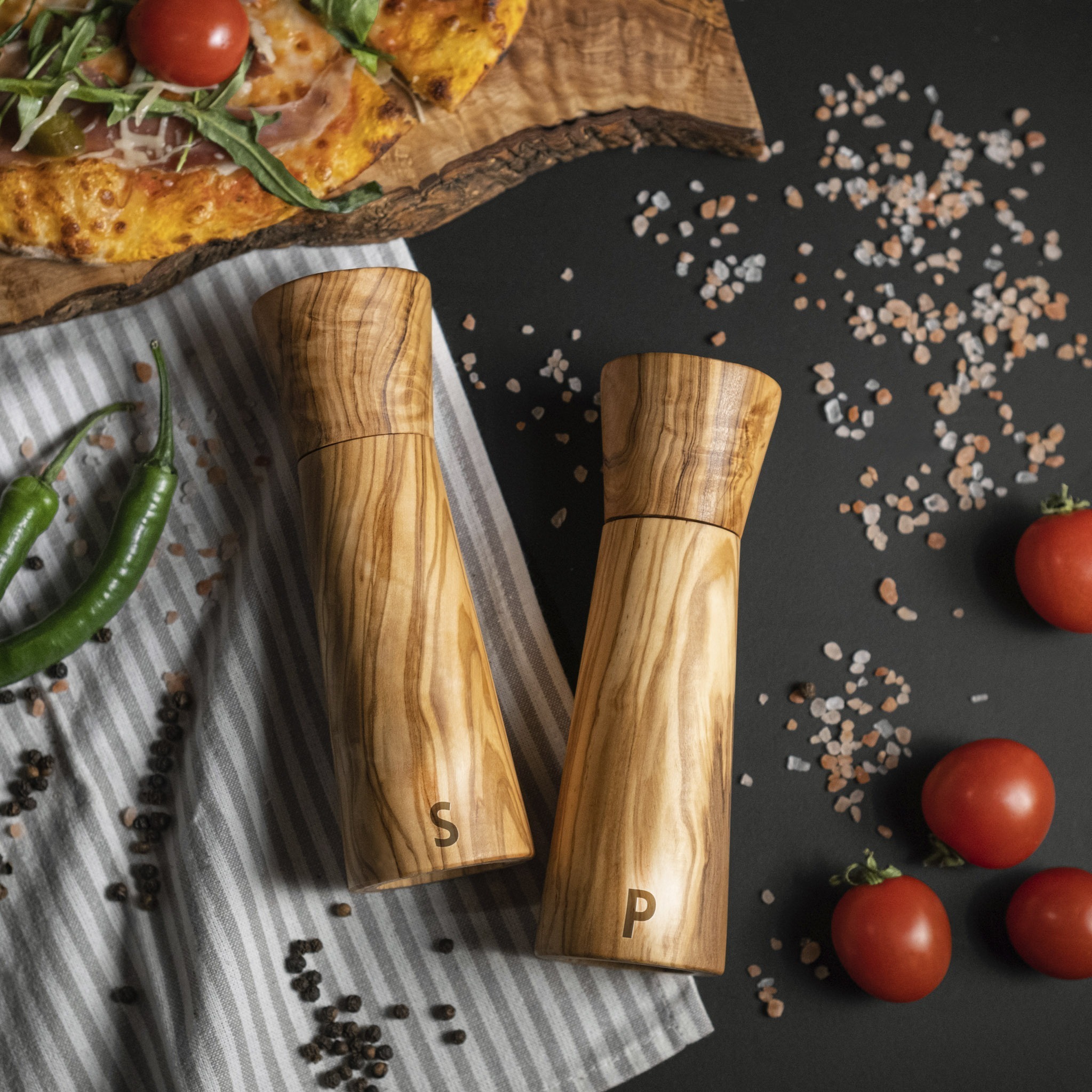 Olive wood salt and pepper shakers.