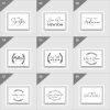 Nine custom wedding logo designs with various typographies and decorative elements, each featuring a different couple's names and wedding dates.