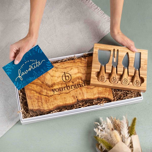 Live Edge Olive Wood Charcuterie Gift with Logo & Premium Gift Box