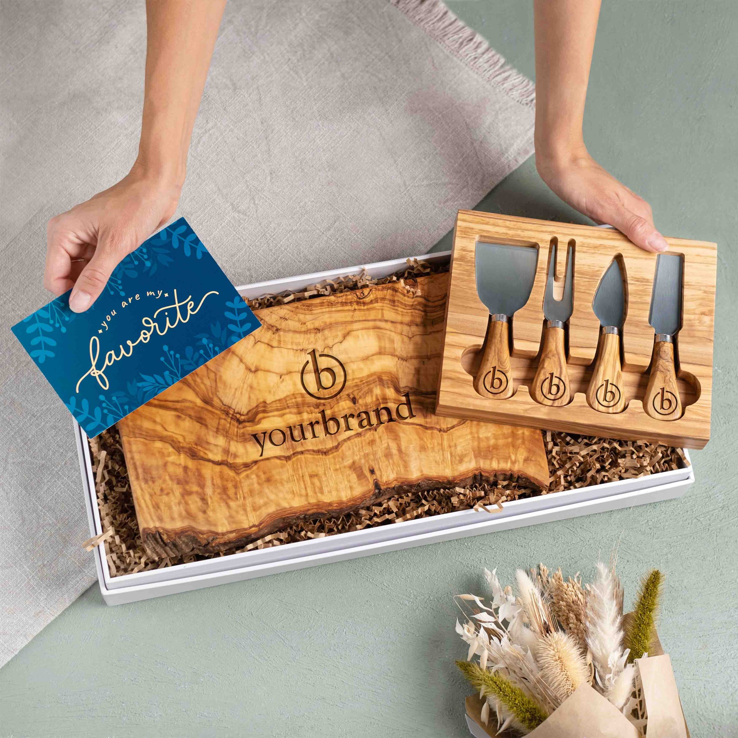 Live Edge Olive Wood Charcuterie Gift with Logo & Premium Gift Box