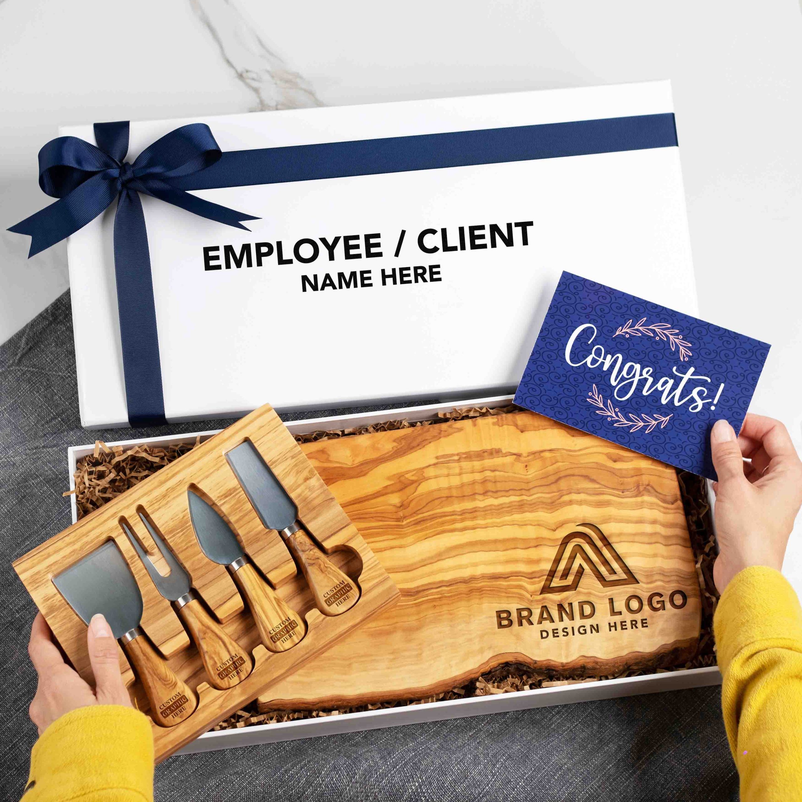 Live Edge Olive Wood Charcuterie Gift with Logo & Premium Gift Box