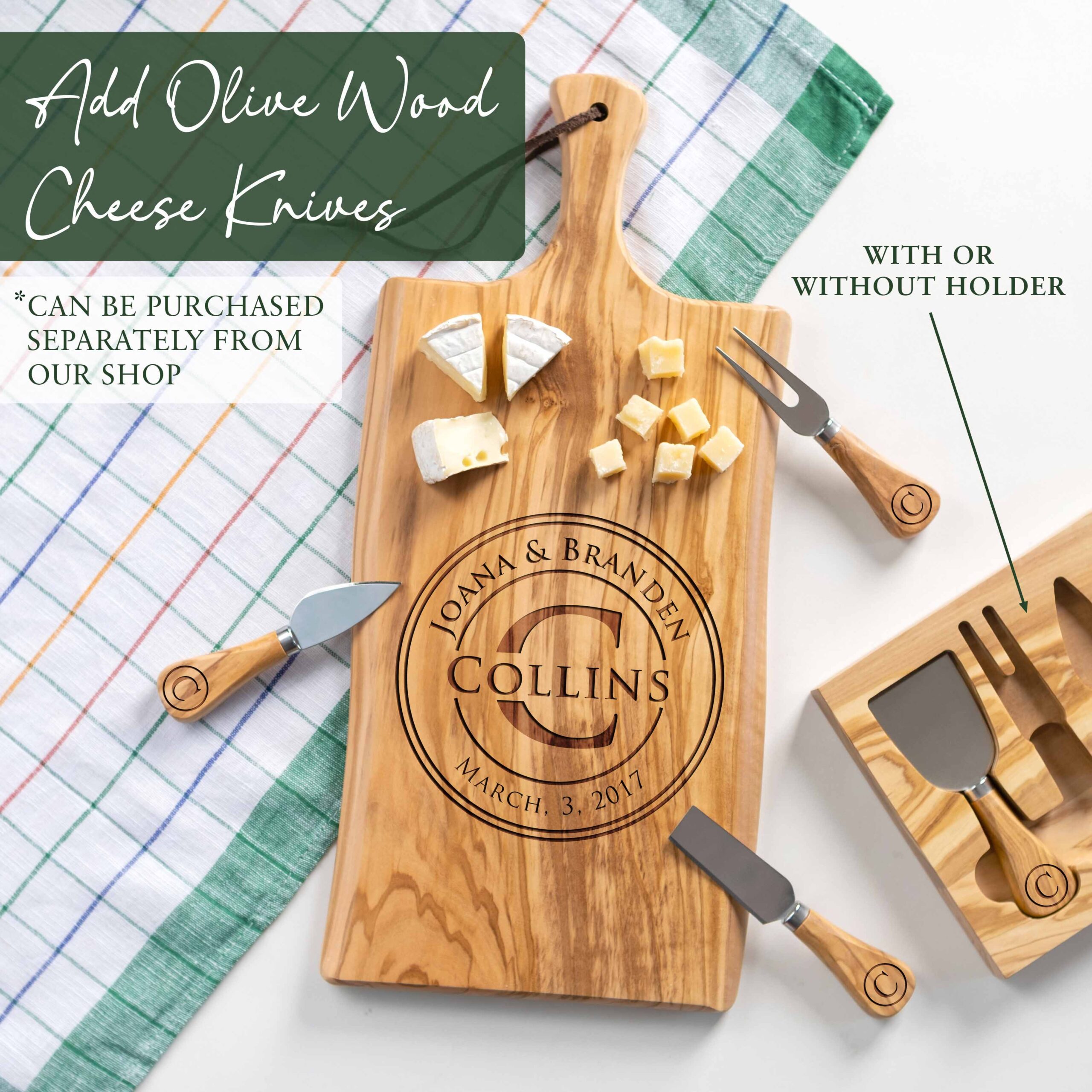 Personalized Olive Wood Cutting Board with Handle (17x8)