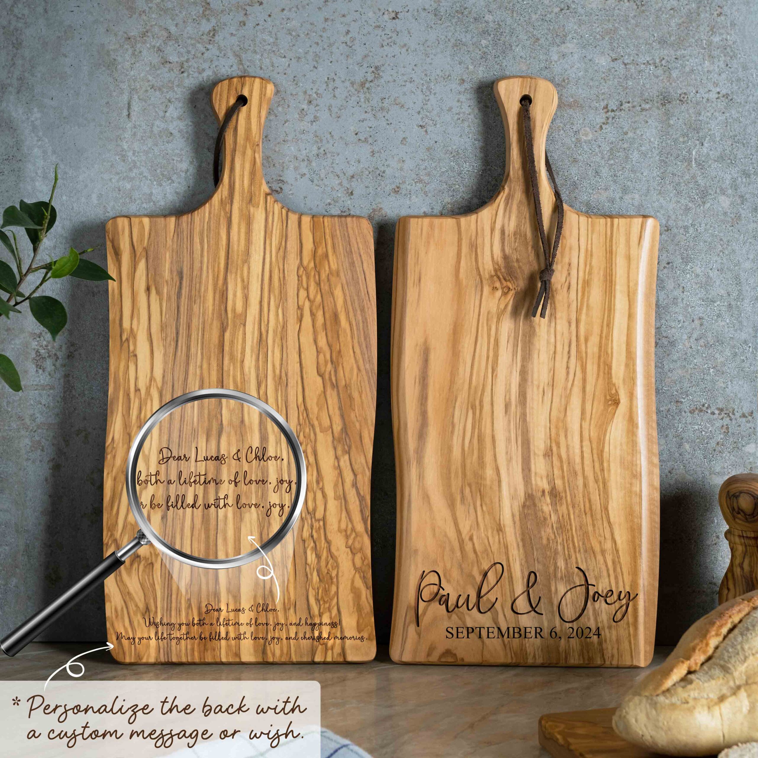 Personalized Olive Wood Cutting Board with Handle (17x8)