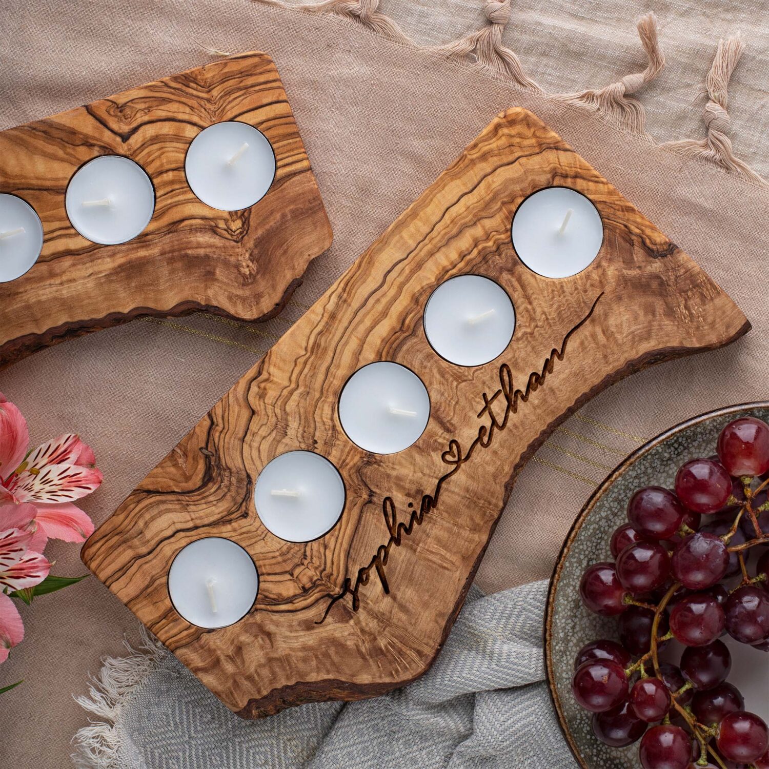 Olive wood cutting boards with candles