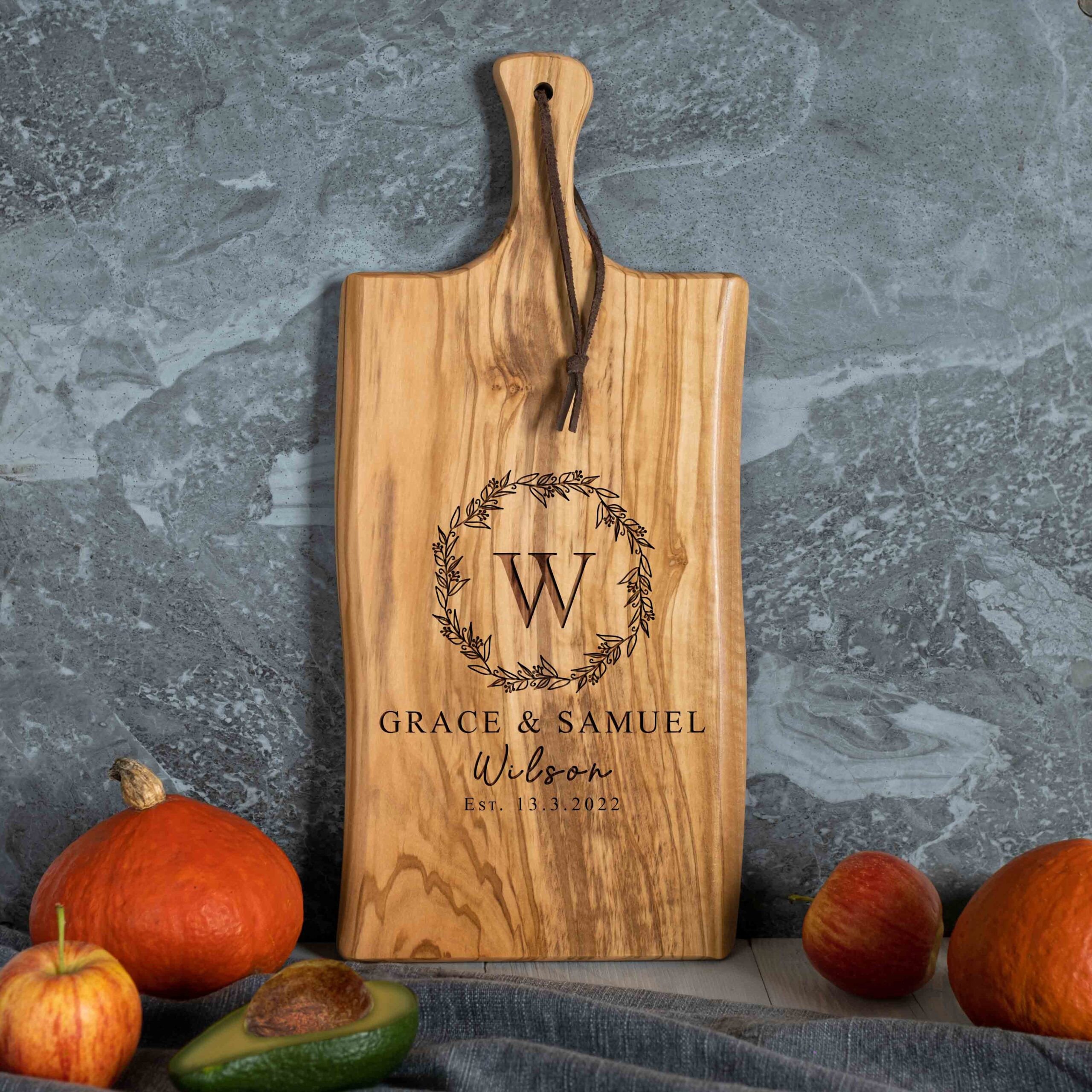 Personalized Olive Wood Cutting Board with Handle (17x8)