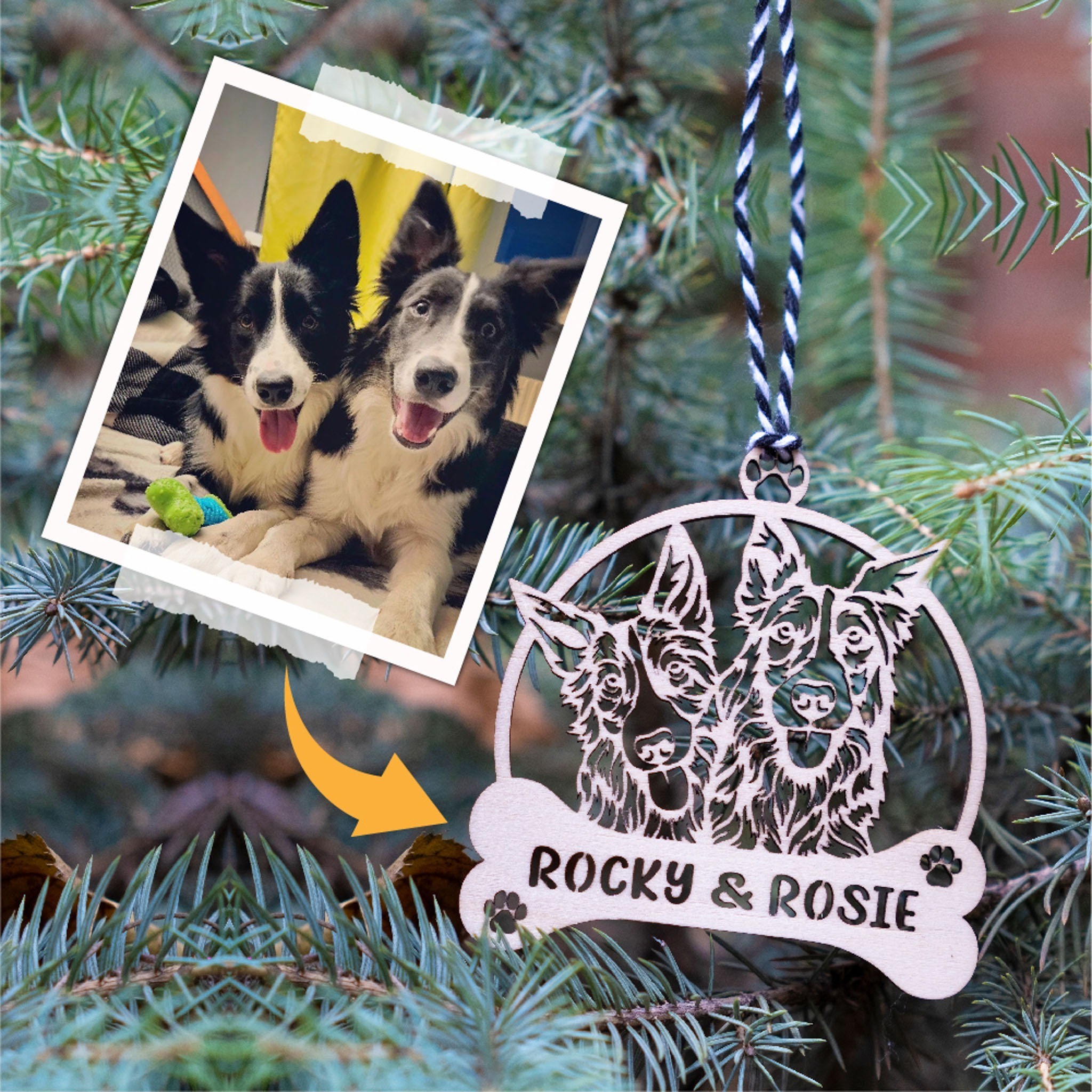 A personalized christmas ornament with a photo of a dog and a cat.