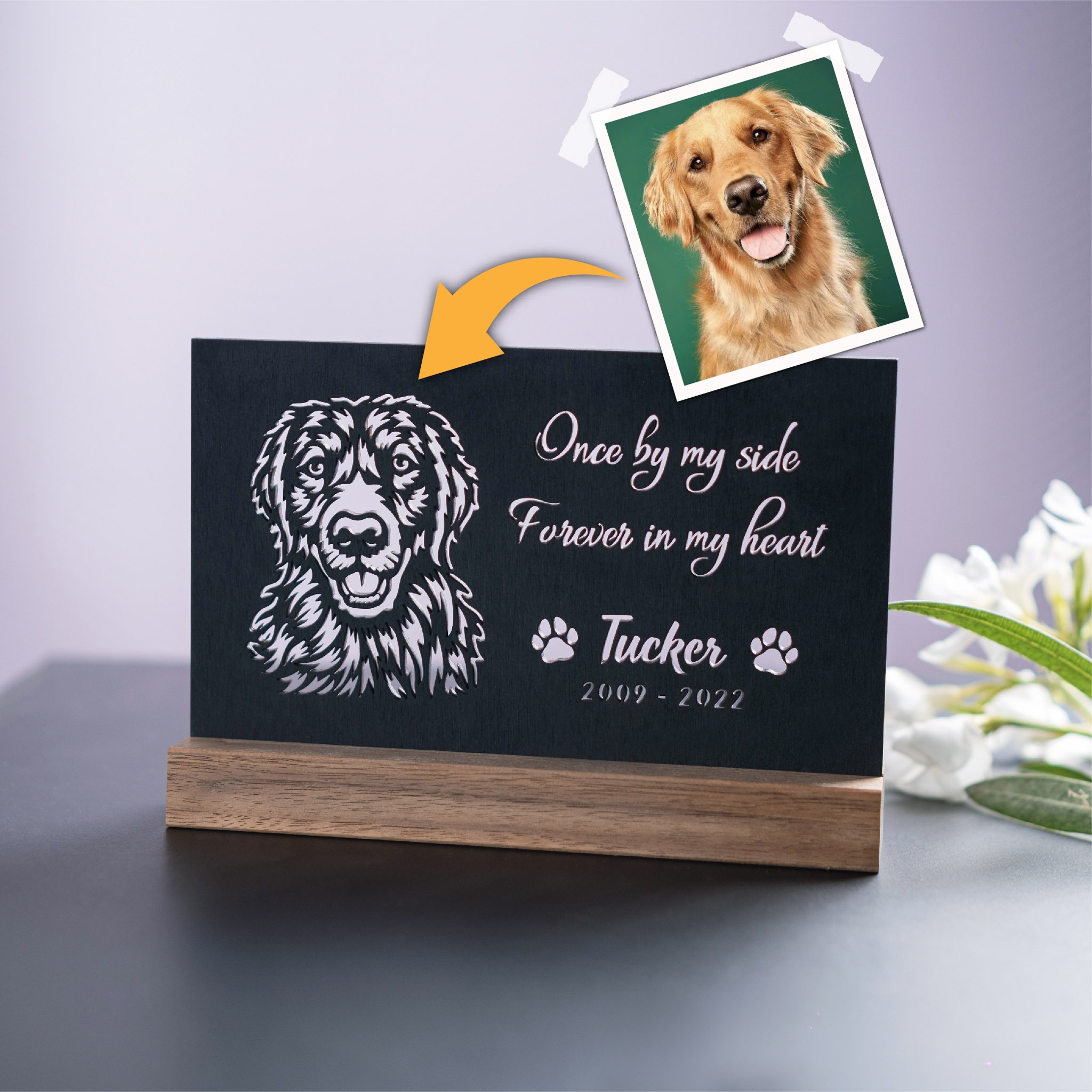 Custom Cut-Out Pet Memorial Plaque with Wooden Holder