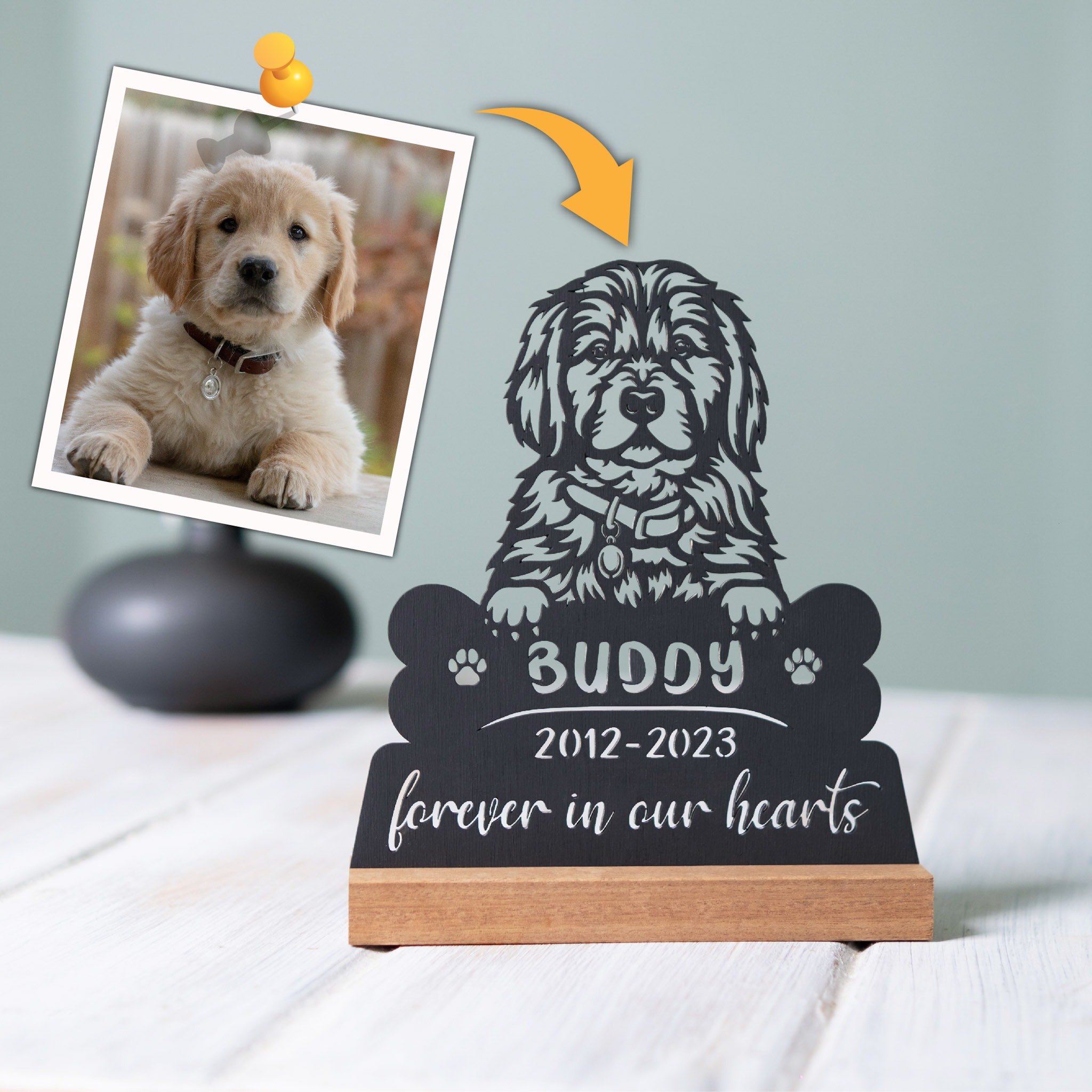 Custom Cut-Out Pet Memorial Plaque with Wooden Holder