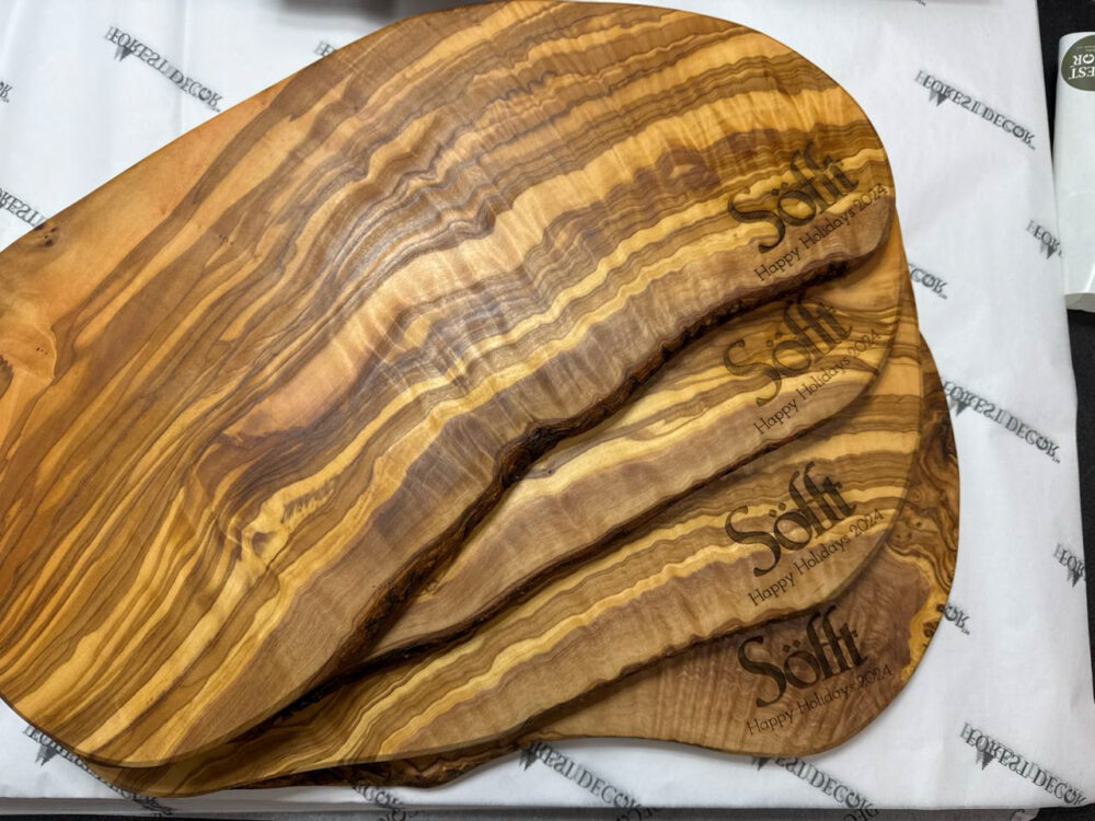 Olive wood live edge cutting boards with logo