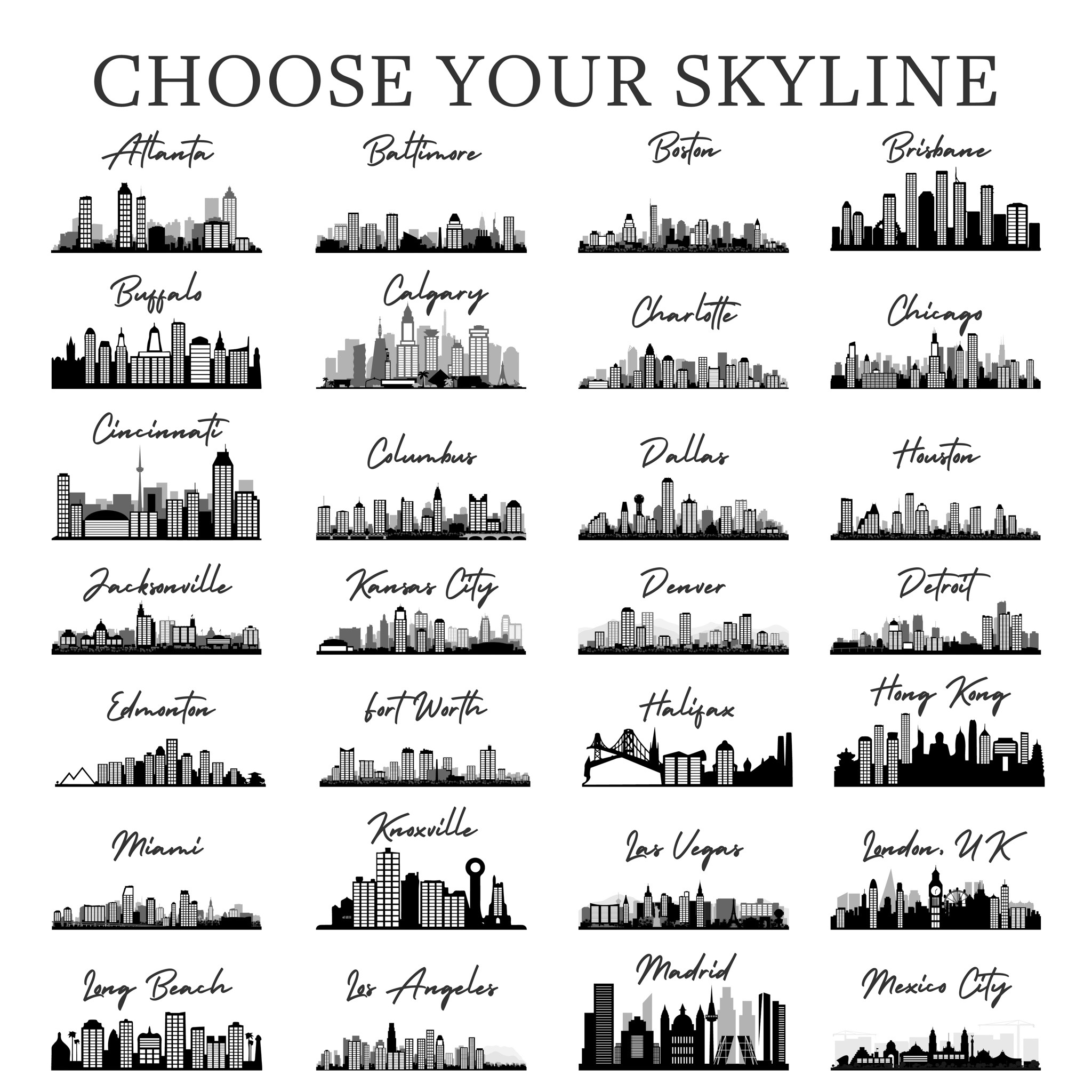 A set of city skylines in black and white.