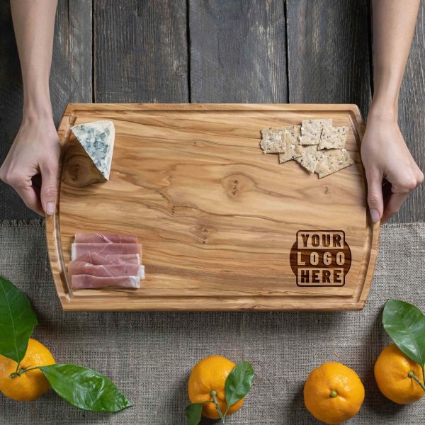 Olive Wood Logo Cutting Board 16x10 Arched