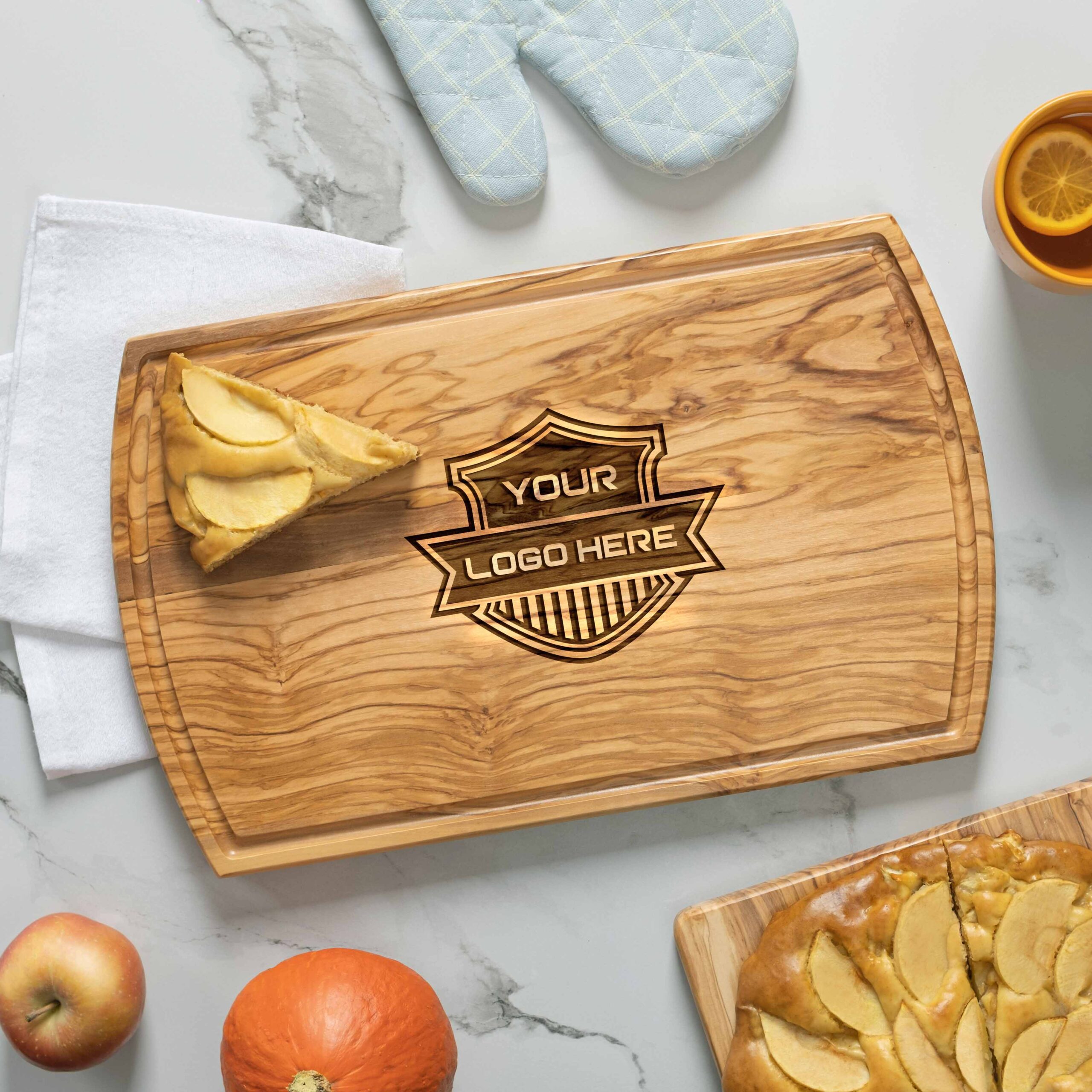 Olive Wood Logo Cutting Board 16x10 Arched