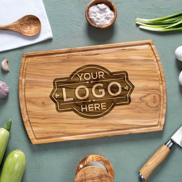 Olive Wood Logo Cutting Board 16x10 Arched