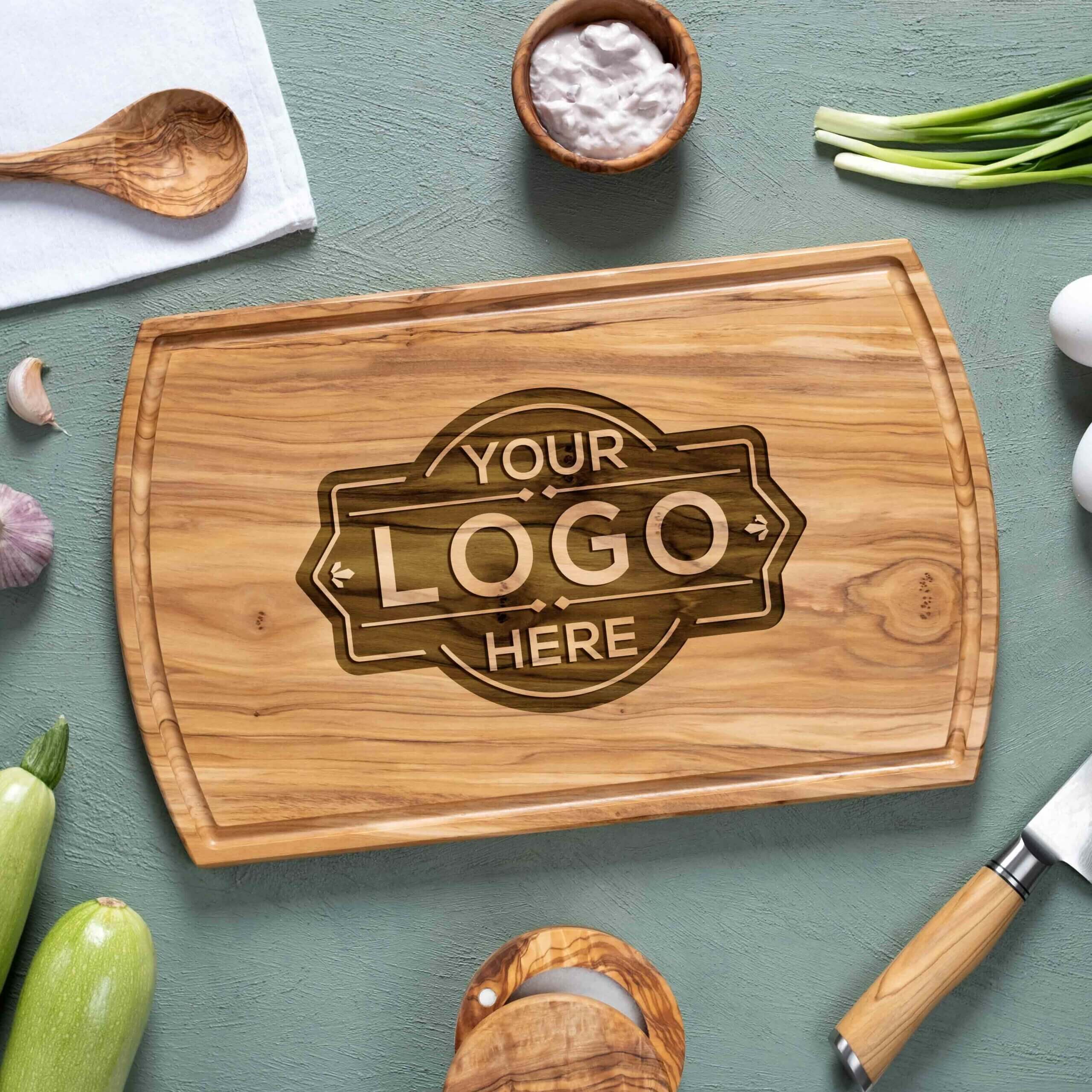 Olive Wood Logo Cutting Board 16x10 Arched