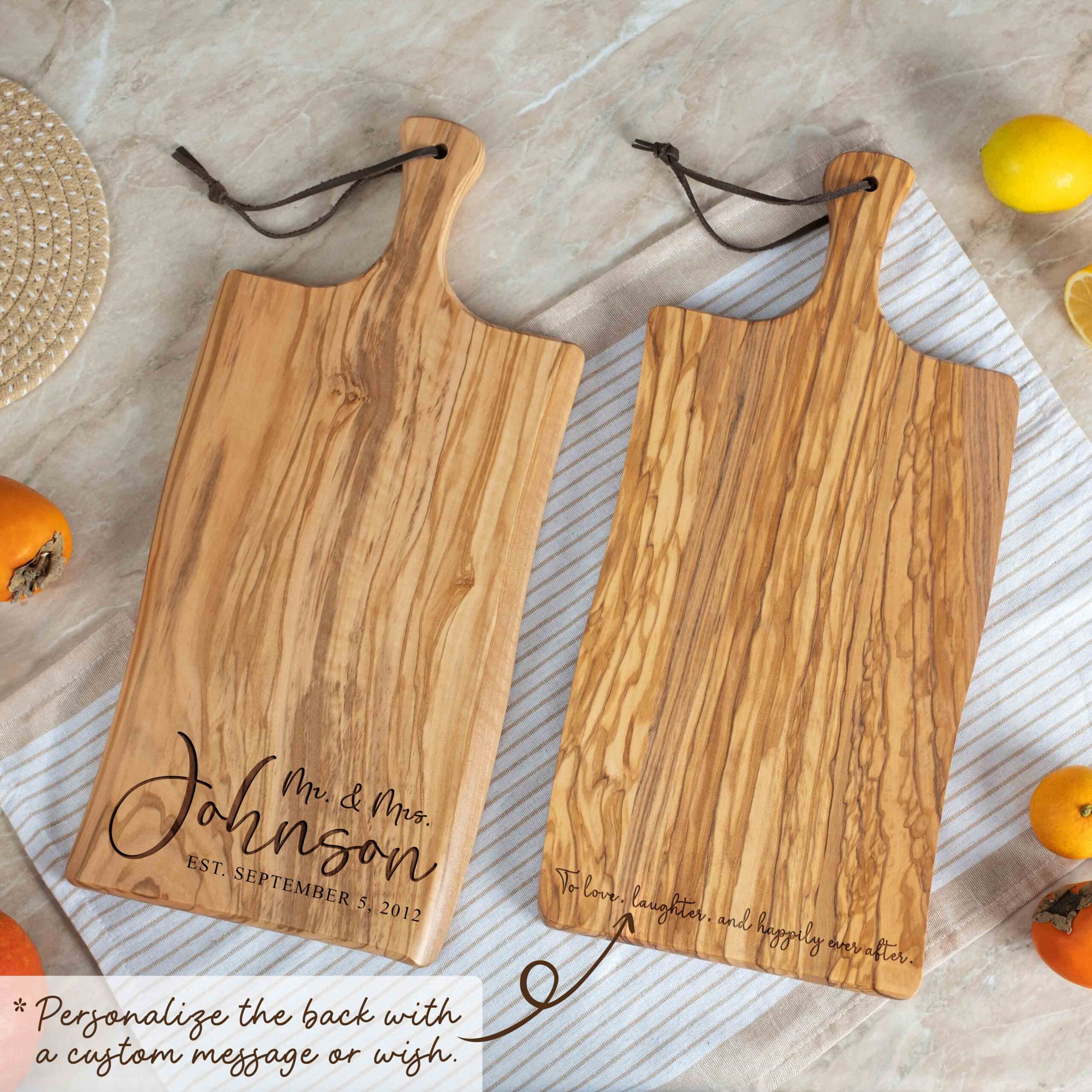 Personalized Olive Wood Cutting Board with Handle (17x8)