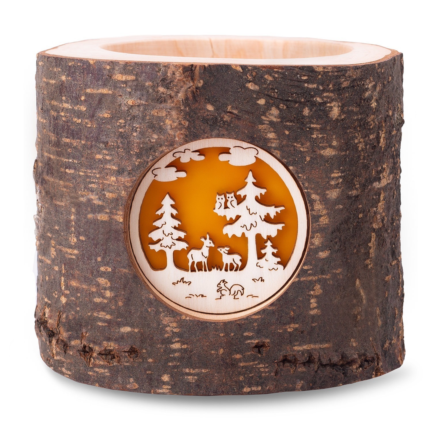 Wood Candle Holder with Wildlife Scene