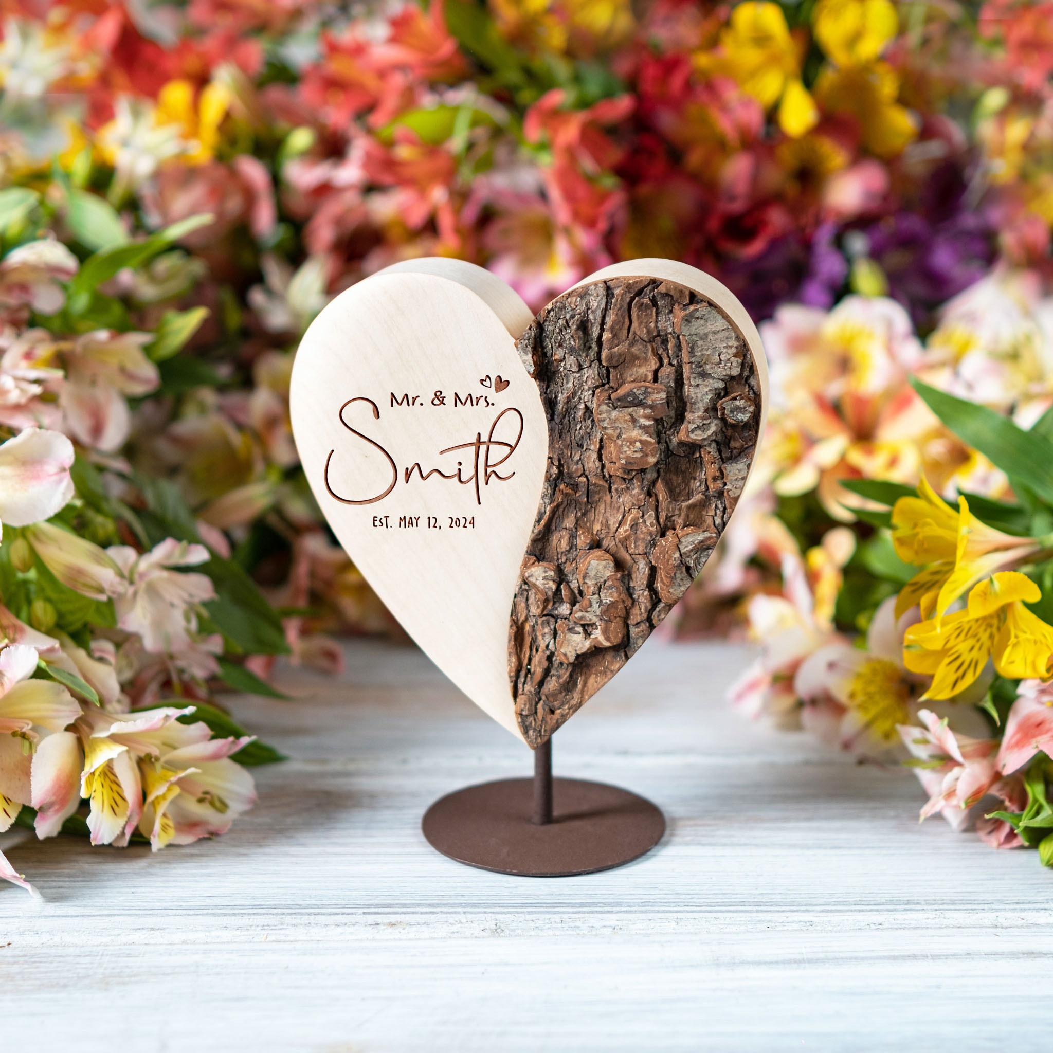 Mr. & Mrs. Wooden Heart – Custom Names & Est. Date