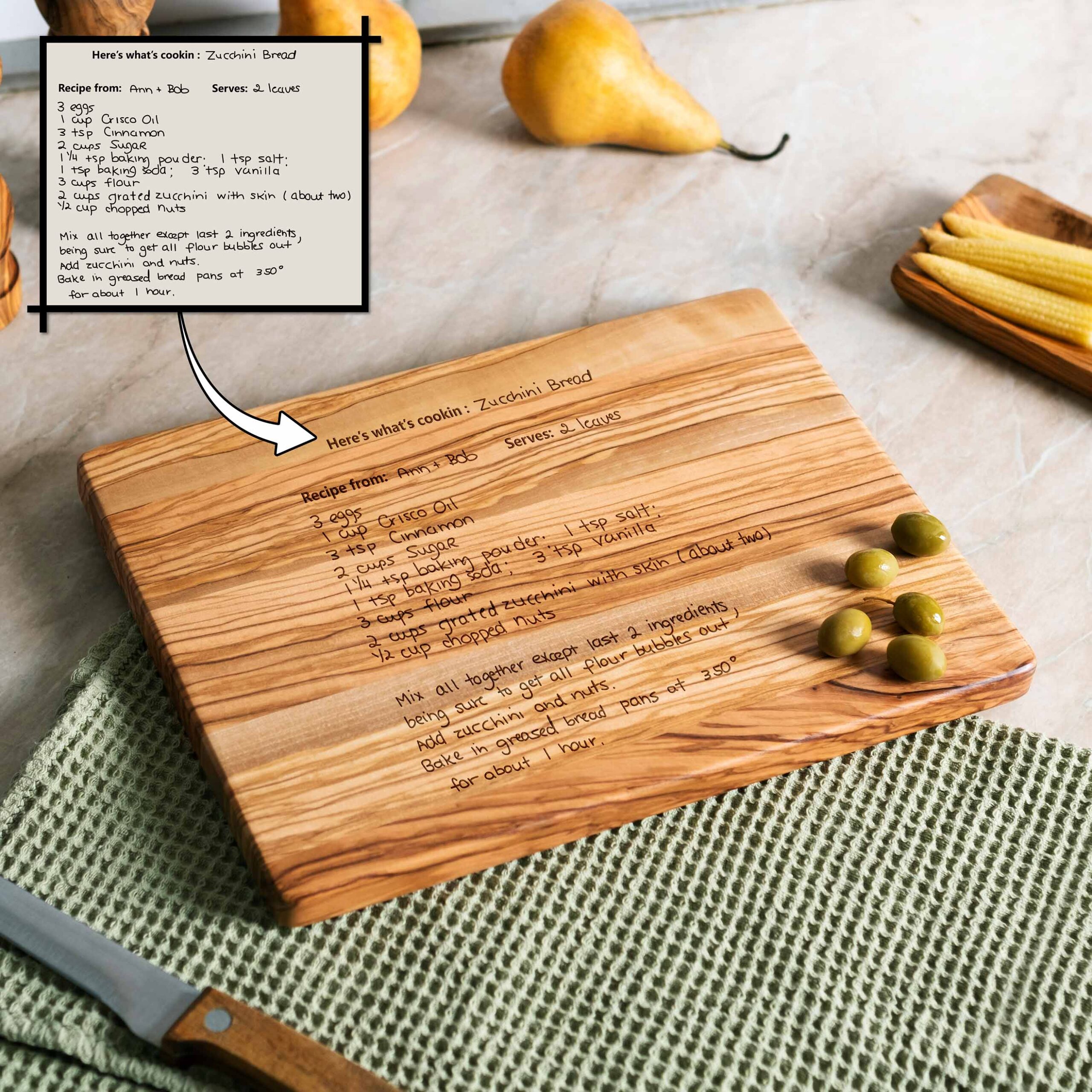 Personalized Olive Wood Cutting Board with Recipe Engraving