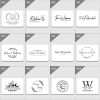 Collection of personalized monogram designs for various occasions such as weddings, establishments, and family crests.