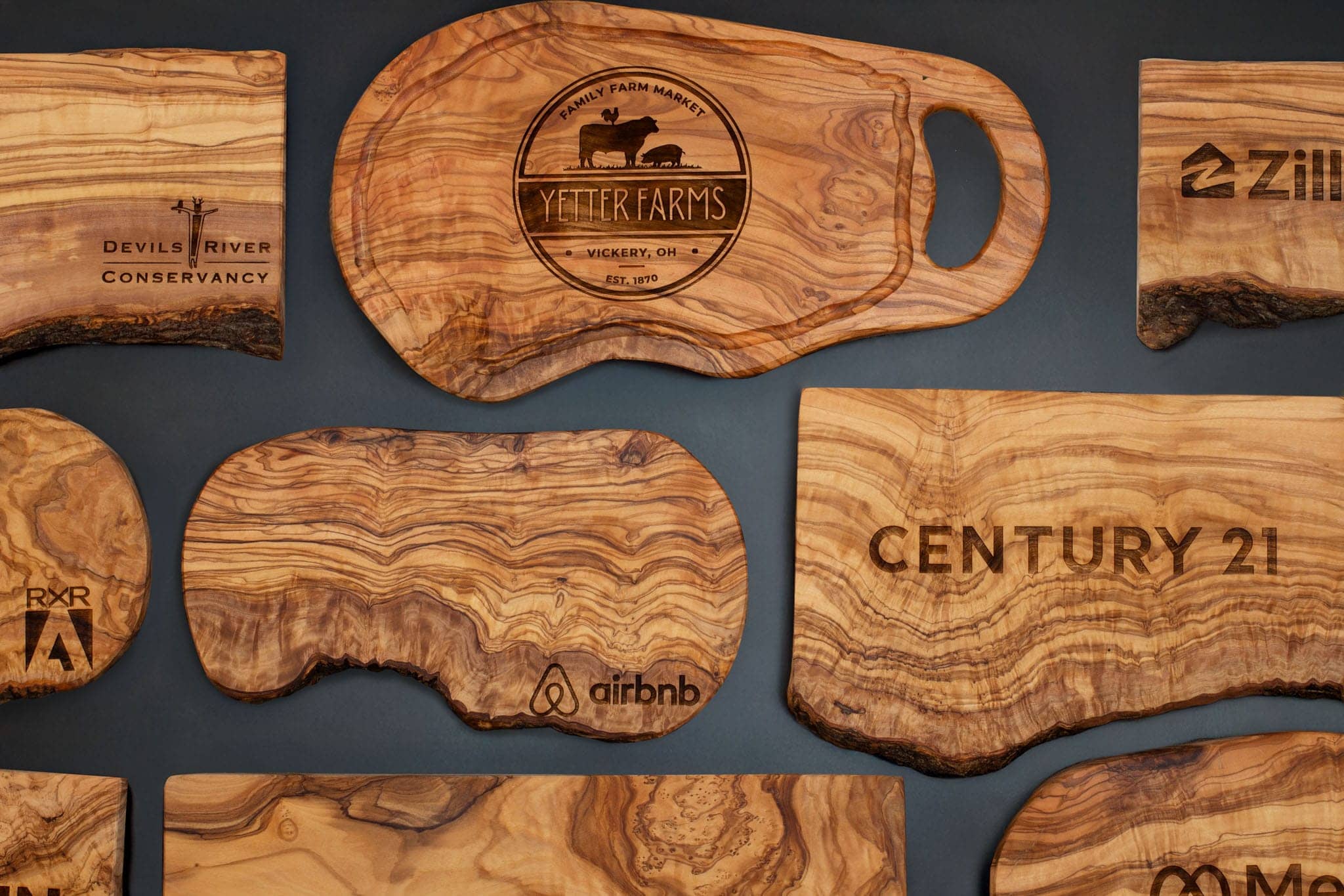 Live edge cutting boards with Company logo