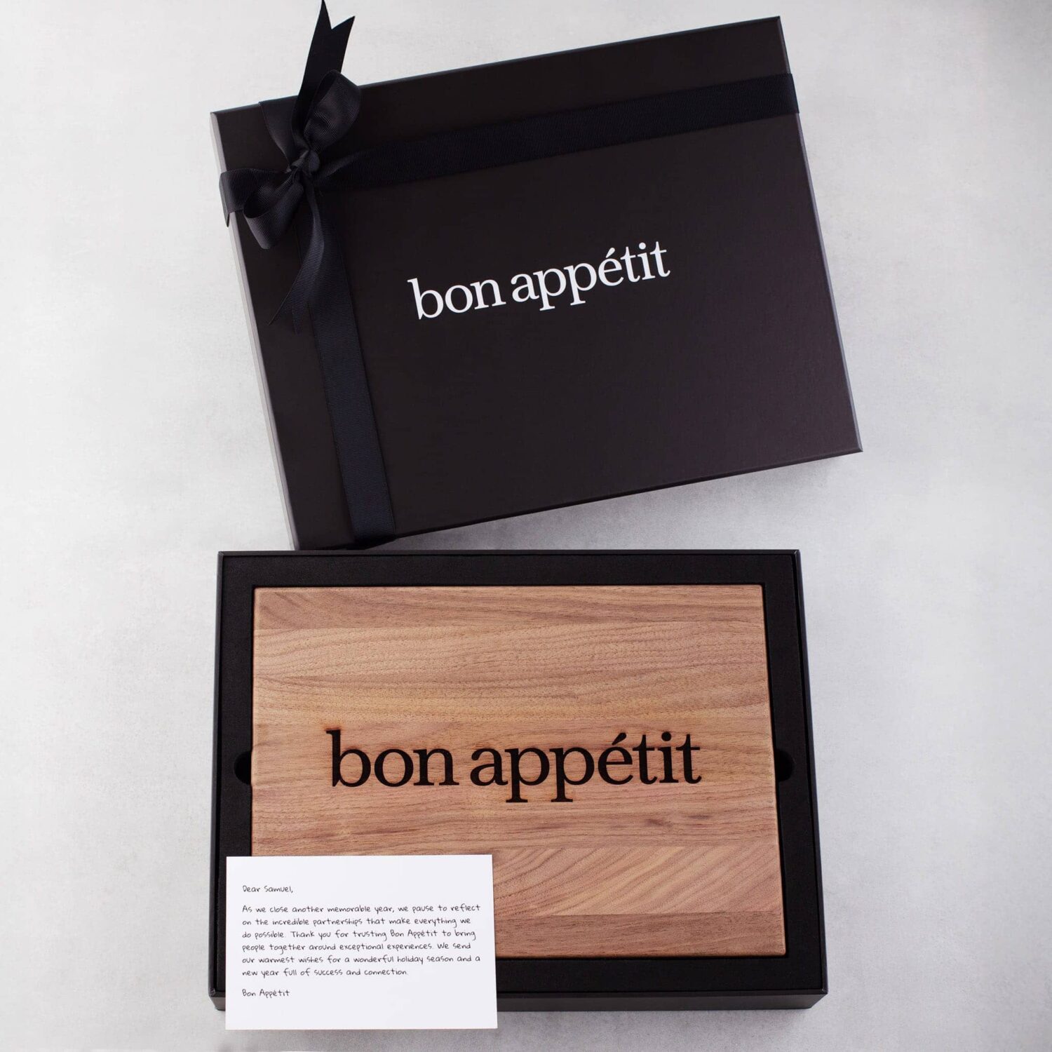 corporate gift box with a wooden engraved cutting board