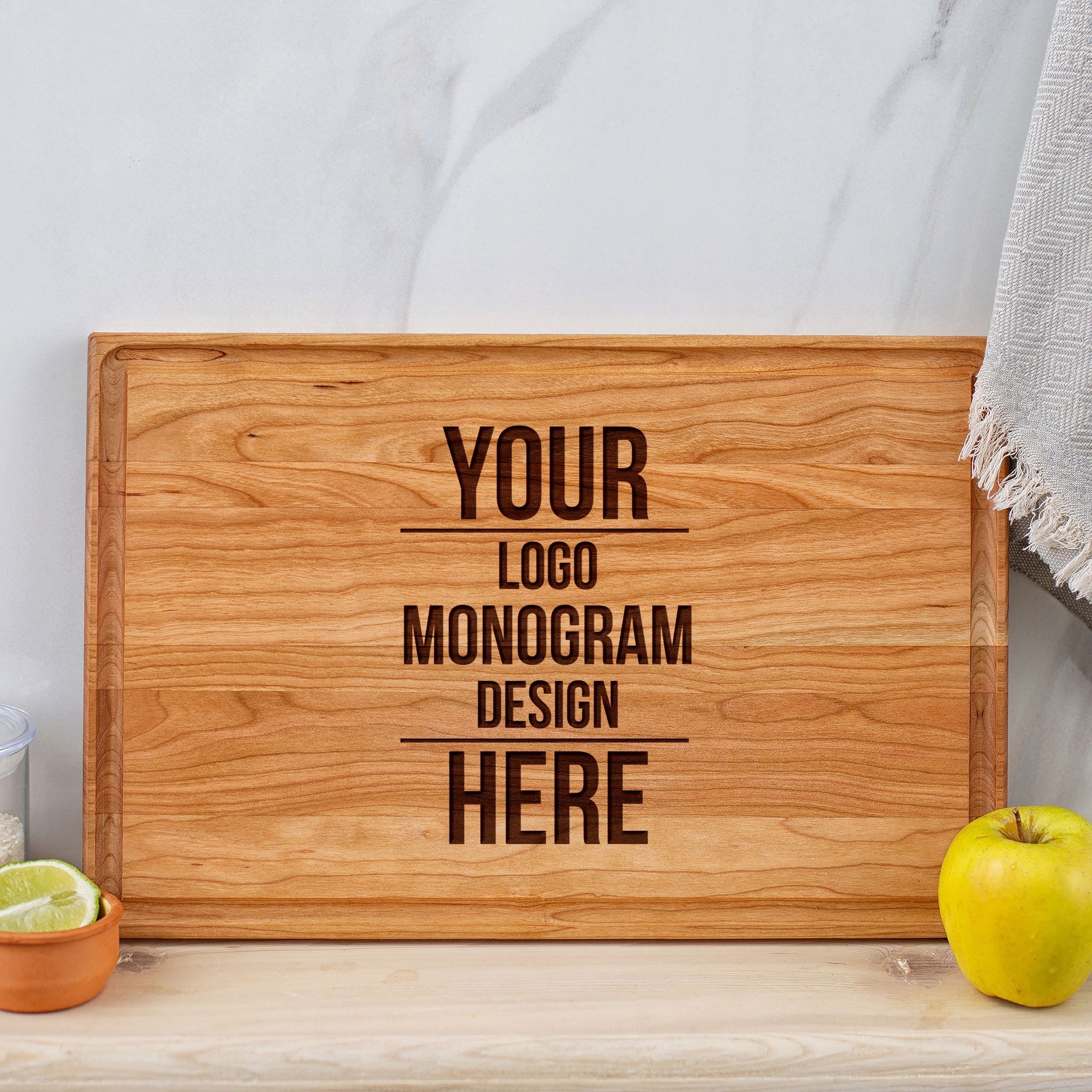 A wooden cherry cutting board with your logo and monogram design.
