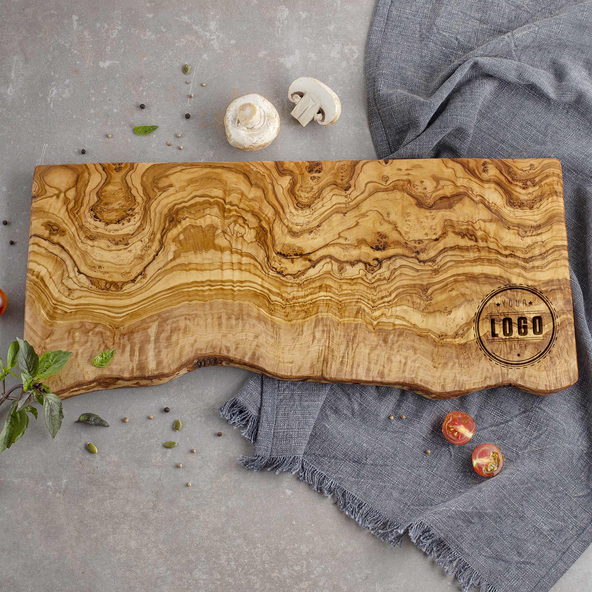 live edge charcuterie board with logo.