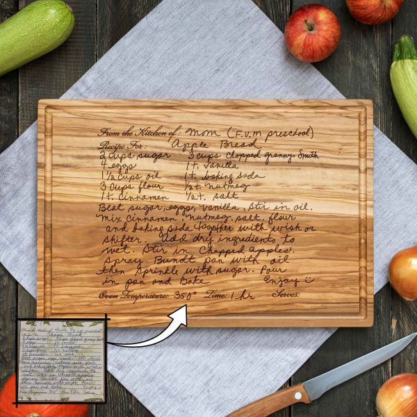 Personalized Olive Wood Cutting Board with Recipe Engraving – Handles & Juice Groove