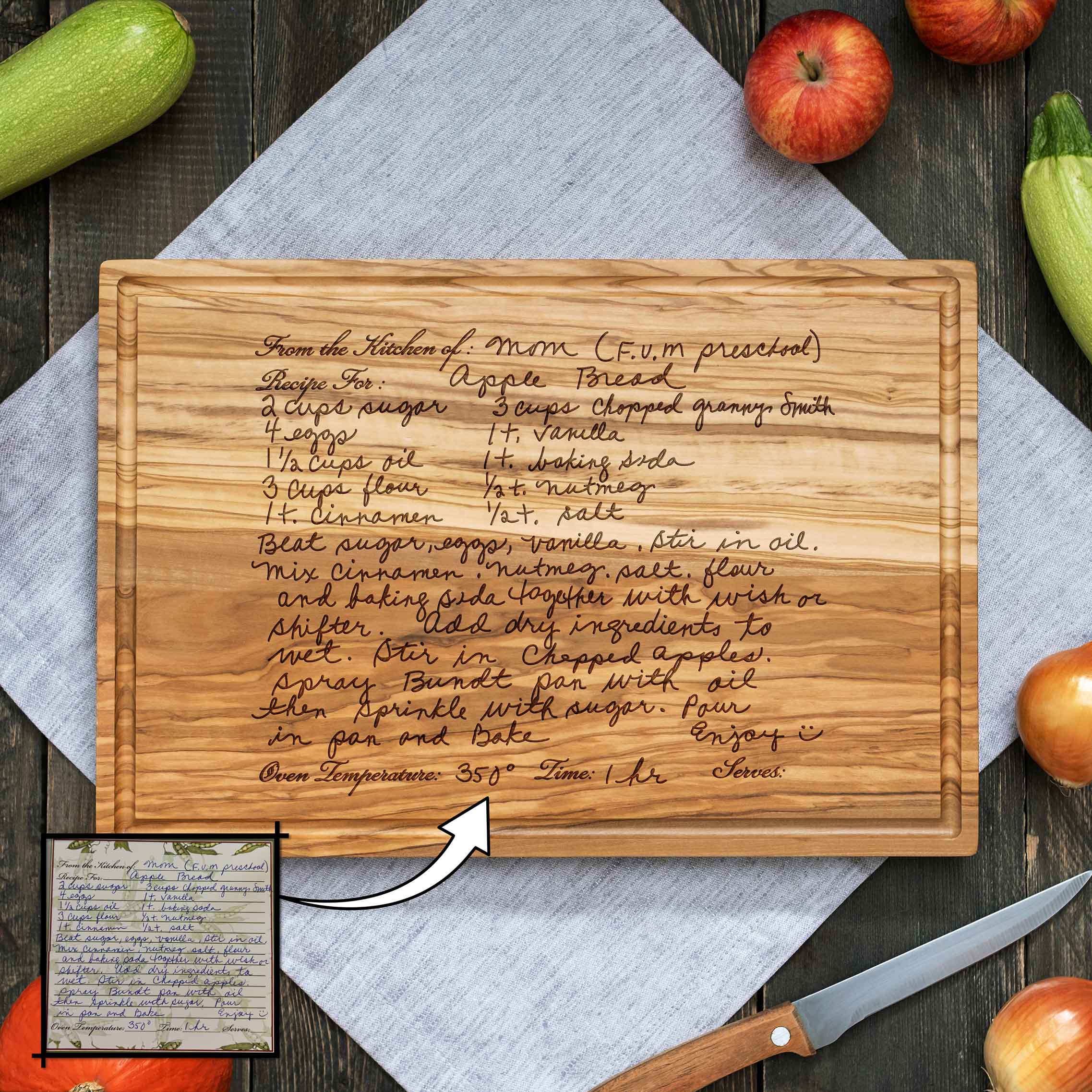 Personalized Olive Wood Cutting Board with Recipe Engraving – Handles & Juice Groove